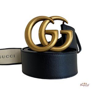 Authentic Gucci Black Smooth Re-Edition Wide Leather Double G Buckle Belt 75/30